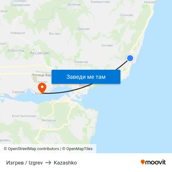 Изгрев / Izgrev to Kazashko map