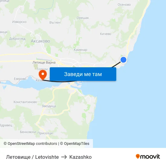 Летовище / Letovishte to Kazashko map