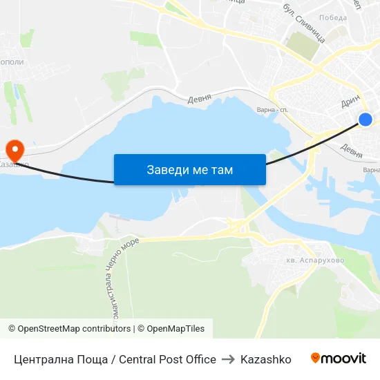 Централна Поща / Central Post Office to Kazashko map