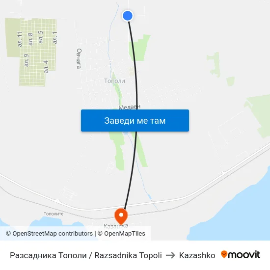 Разсадника Тополи / Razsadnika Topoli to Kazashko map