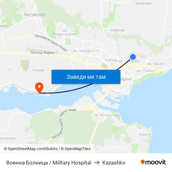 Военна Болница / Military Hospital to Kazashko map