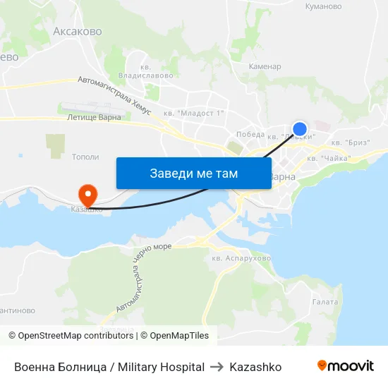 Военна Болница / Military Hospital to Kazashko map