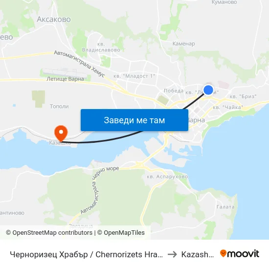 Черноризец Храбър / Chernorizets Hrabar to Kazashko map