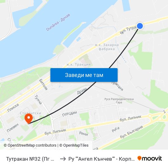Тутракан №32 (Пг По Транспорт) / 32 Tutrakan Boulevard (Vocational School Of Transport) to Ру ""Ангел Кънчев"" - Корпус 20: Транспорт map