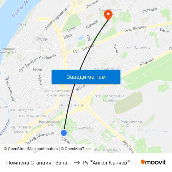 Помпена Станция - Запад to Ру ""Ангел Кънчев"" - Корпус 20: Транспорт map