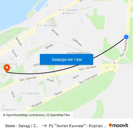 Зеим - Запад / Zeim - West to Ру ""Ангел Кънчев"" - Корпус 20: Транспорт map