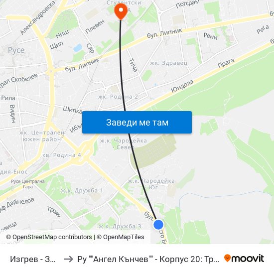 Изгрев - Запад to Ру ""Ангел Кънчев"" - Корпус 20: Транспорт map
