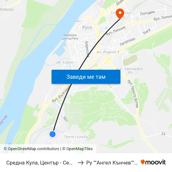 Средна Кула, Център - Север / Sredna Kula, Centre - North to Ру ""Ангел Кънчев"" - Корпус 20: Транспорт map