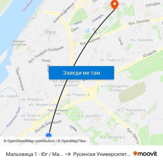 Мальовица 1 - Юг to Русенски Университет ""Ангел Кънчев"" map