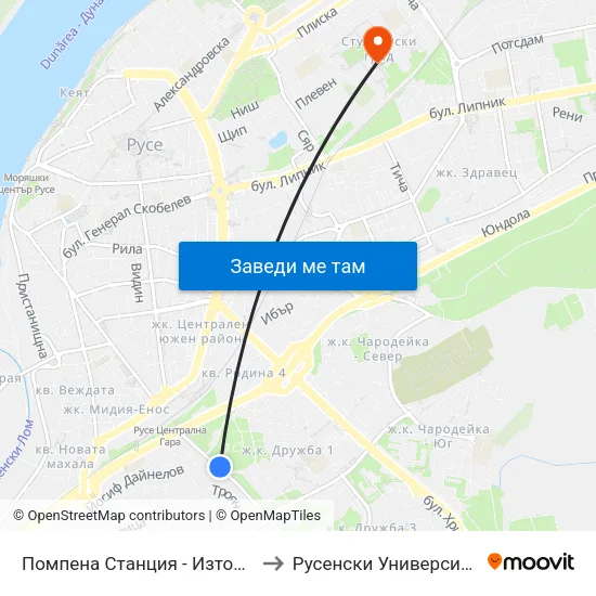 Помпена Станция - Изток / Pumping Station - East to Русенски Университет ""Ангел Кънчев"" map