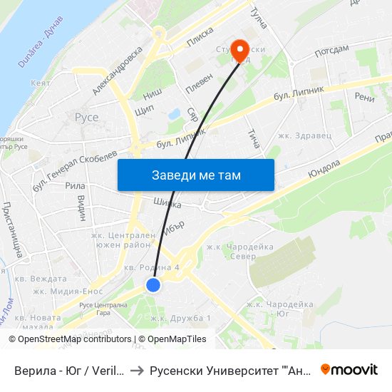 Верила - Юг to Русенски Университет ""Ангел Кънчев"" map