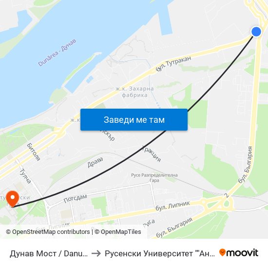 Дунав Мост to Русенски Университет ""Ангел Кънчев"" map