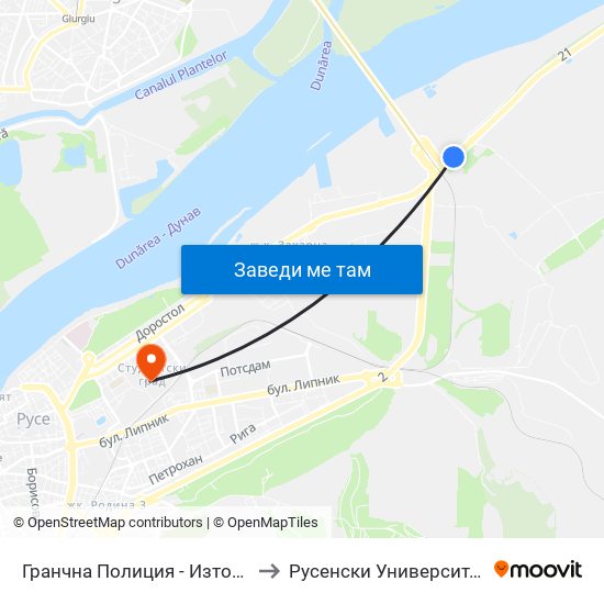 Гранчна Полиция - Изток / Border Police - East to Русенски Университет ""Ангел Кънчев"" map