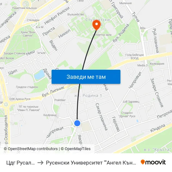 Детска Градина Русалка / Rusalka Kindergarten to Русенски Университет ""Ангел Кънчев"" map