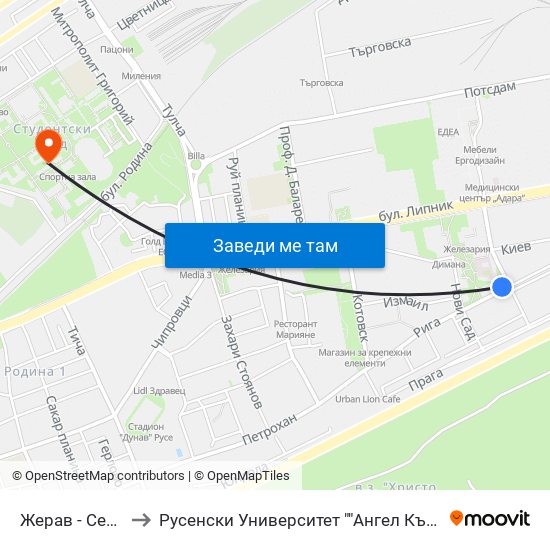 Жерав - Север / Zherav - North to Русенски Университет ""Ангел Кънчев"" map