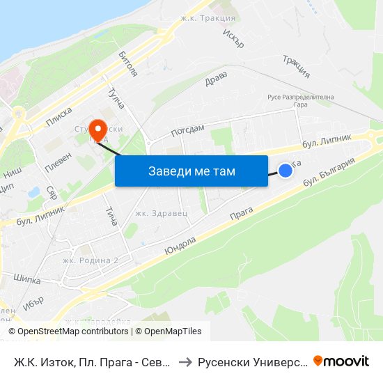Ж.К. Изток, Пл. Прага - Север / Iztok Qr., Prague Sq. - North to Русенски Университет ""Ангел Кънчев"" map