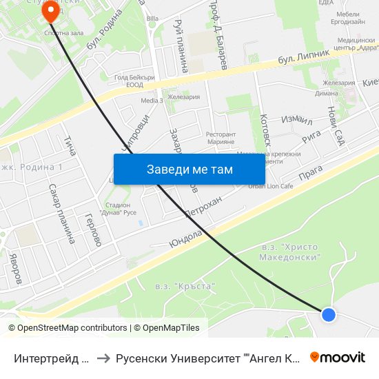 Интертрейд - Юг to Русенски Университет ""Ангел Кънчев"" map