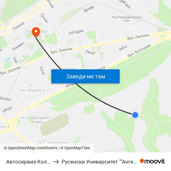 Автосервиз Колев - Юг to Русенски Университет ""Ангел Кънчев"" map