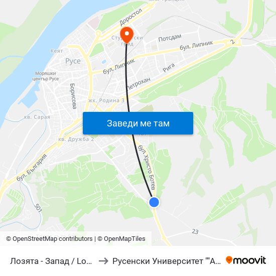 Лозята - Запад / Lozyata - West to Русенски Университет ""Ангел Кънчев"" map