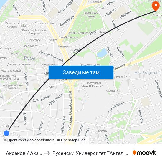 Аксаков / Aksakov to Русенски Университет ""Ангел Кънчев"" map