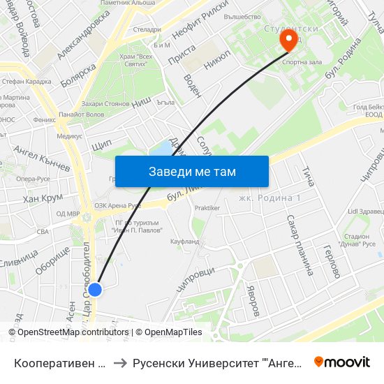 Кооперативен Пазар to Русенски Университет ""Ангел Кънчев"" map
