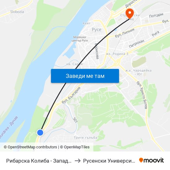 Рибарска Колиба - Запад to Русенски Университет ""Ангел Кънчев"" map