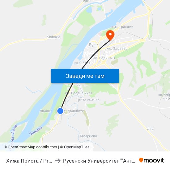 Хижа Приста to Русенски Университет ""Ангел Кънчев"" map