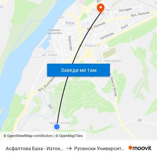 Асфалтова База - Изток to Русенски Университет ""Ангел Кънчев"" map