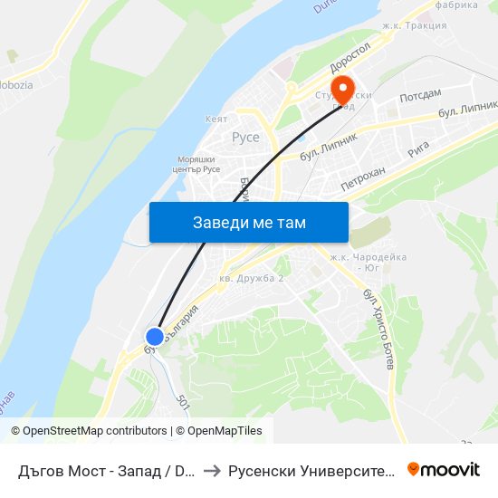 Дъгов Мост - Запад / Dagov Bridge - West to Русенски Университет ""Ангел Кънчев"" map