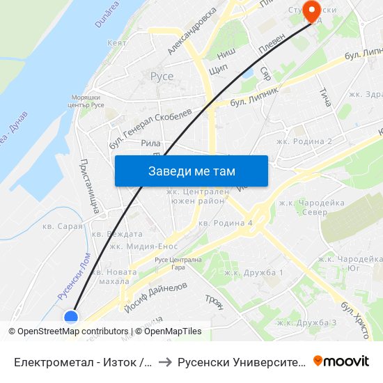 Електрометал - Изток / Electrometal - East to Русенски Университет ""Ангел Кънчев"" map