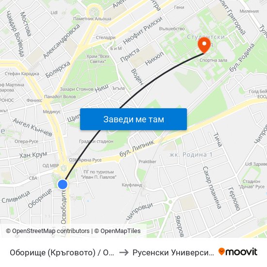 Оборище (Кръговото) / Oborishte (The Roundabout) to Русенски Университет ""Ангел Кънчев"" map