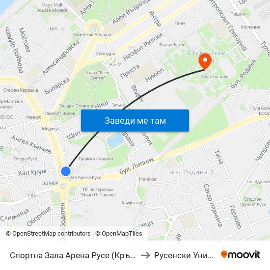 Спортна Зала Озк Арена Русе to Русенски Университет ""Ангел Кънчев"" map