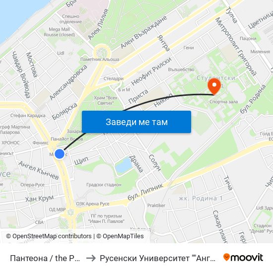 Пантеона / the Pantheon to Русенски Университет ""Ангел Кънчев"" map