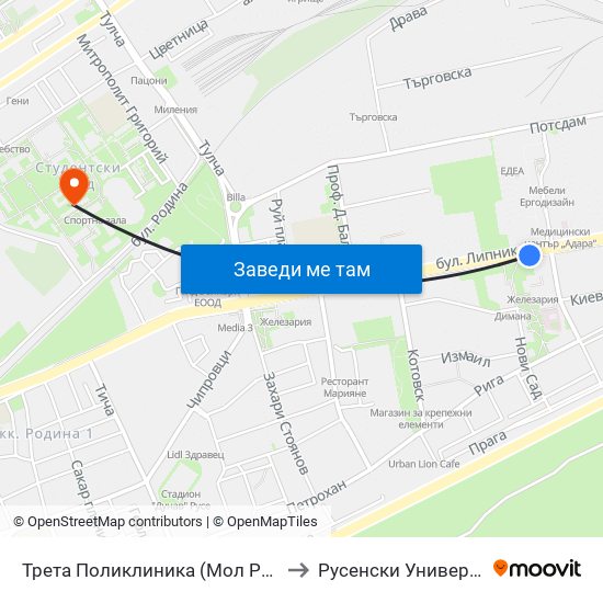 Трета Поликлиника (Мол Русе) / 3-Rd Polyclinic (Mall Of Ruse) to Русенски Университет ""Ангел Кънчев"" map