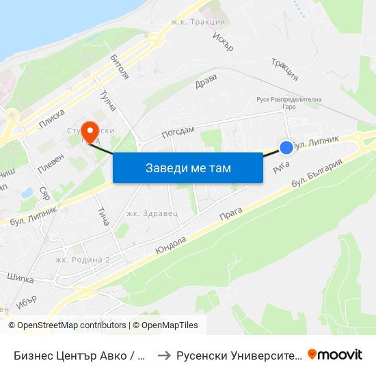 Бизнес Център Авко / Avko Business Centre to Русенски Университет ""Ангел Кънчев"" map