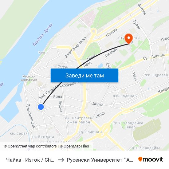 Чайка - Изток / Chayka - East to Русенски Университет ""Ангел Кънчев"" map