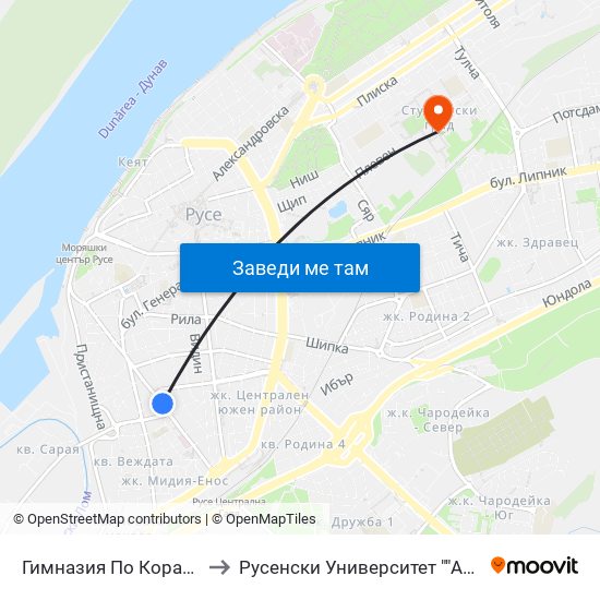 Гимназия По Корабостроене to Русенски Университет ""Ангел Кънчев"" map