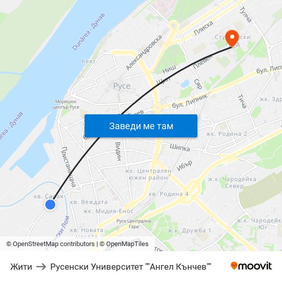 Жити to Русенски Университет ""Ангел Кънчев"" map