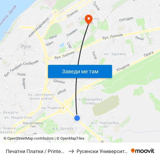 Печатни Платки to Русенски Университет ""Ангел Кънчев"" map