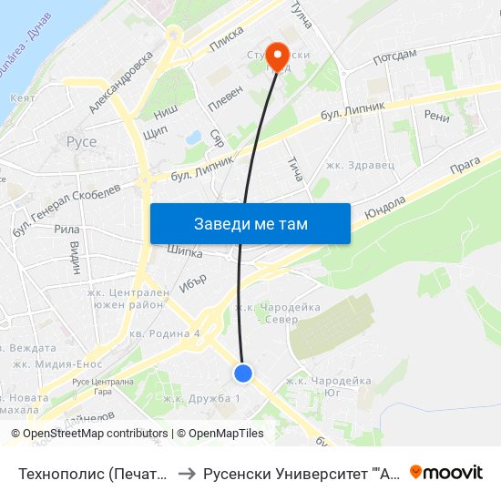 Технополис (Печатни Платки) to Русенски Университет ""Ангел Кънчев"" map