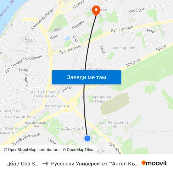 Цба / Cba Store to Русенски Университет ""Ангел Кънчев"" map