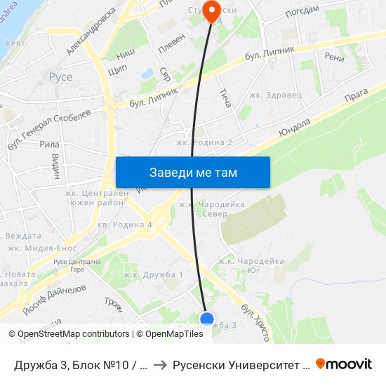 Дружба 3, Блок №10 to Русенски Университет ""Ангел Кънчев"" map