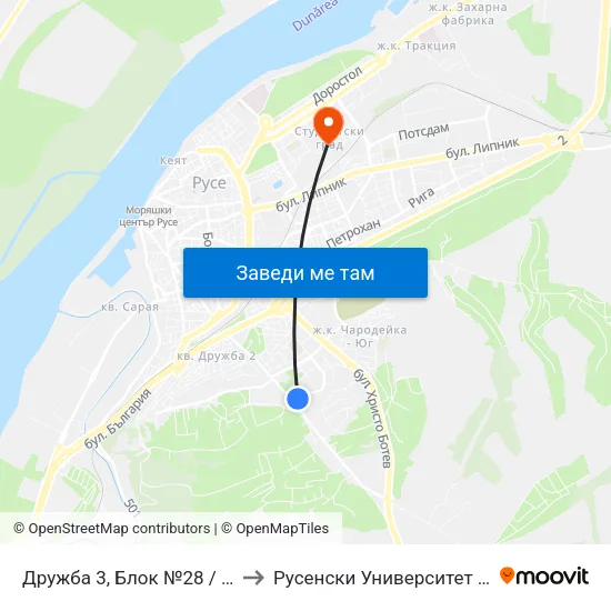 Дружба 3, Блок №28 / Druzhba 3, Bl. 28 to Русенски Университет ""Ангел Кънчев"" map