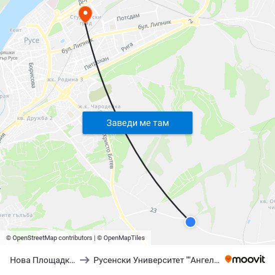Нова Площадка - Юг to Русенски Университет ""Ангел Кънчев"" map