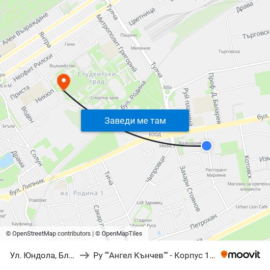 Ул. Юндола, Блок №7 / Yundola Street, Bl. 7 to Ру ""Ангел Кънчев"" - Корпус 10: Електротехника, Електроника И Автоматика 1 map