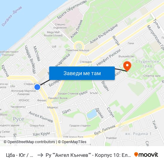 Цба - Юг to Ру ""Ангел Кънчев"" - Корпус 10: Електротехника, Електроника И Автоматика 1 map