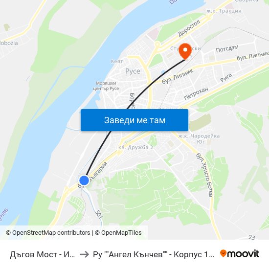 Дъгов Мост - Изток to Ру ""Ангел Кънчев"" - Корпус 19: Екология И Опазване На Околната Среда 1 map