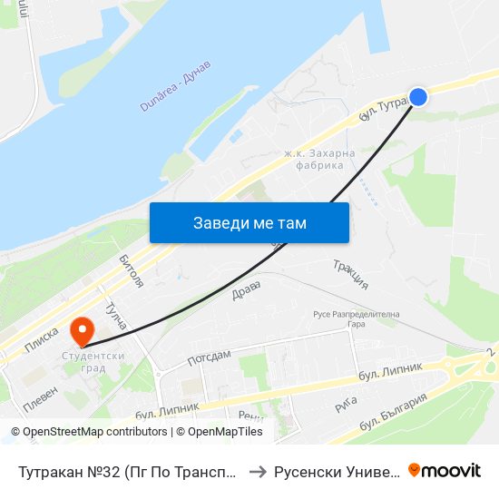 Тутракан №32 (Пг По Транспорт) / 32 Tutrakan Boulevard (Vocational School Of Transport) to Русенски Университет ""Ангел Кънчев"" - Корпус 2 map