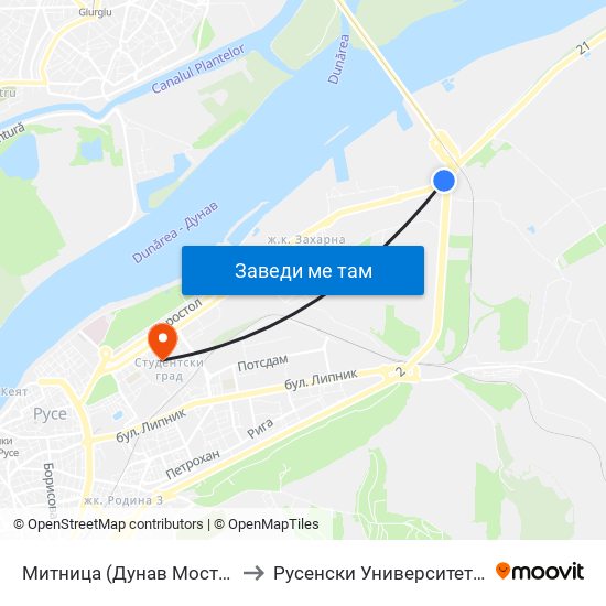 Митница (Дунав Мост) to Русенски Университет ""Ангел Кънчев"" - Корпус 2 map