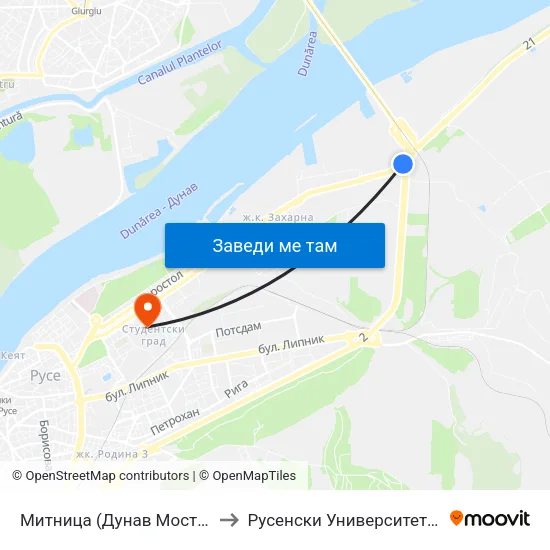 Митница (Дунав Мост) / Customs (Danube Bridge) to Русенски Университет ""Ангел Кънчев"" - Корпус 2 map